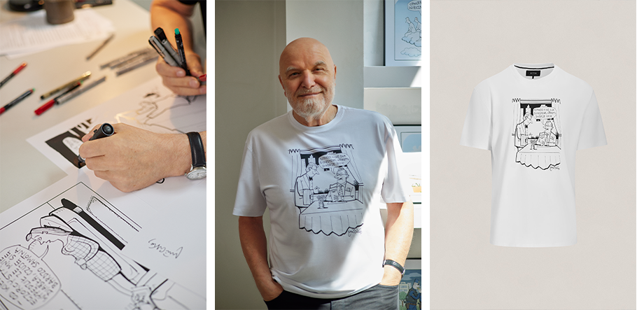 Kolaż zdjęć - Andrzej Mleczko i T-shirt BYTOM z nadrukiem ilustracji „Coś dla biznesmena” jego autorstwa.