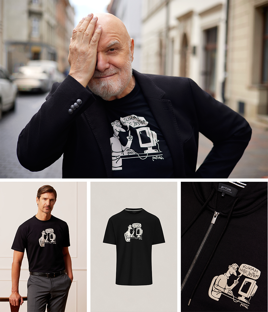 Kolaż zdjęć - Andrzej Mleczko i produkty BYTOM z nadrukiem ilustracji jego autorstwa.