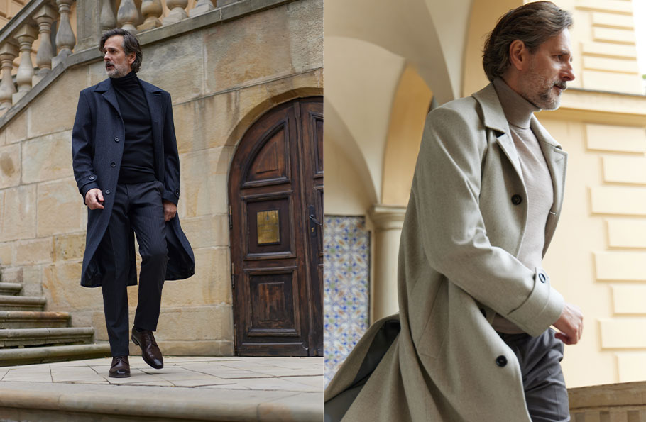 Kolaż zdjęć - sylwetka eleganckiego mężczyzny w grafitowym płaszczu Bytom i ten sam mężczyzna w beżowym płaszczu (kadr amerykański).
