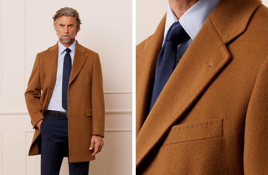 Kolaż zdjęć: mężczyzna w camelowym płaszczu Bytom i zbliżenie na klapy płaszcza.