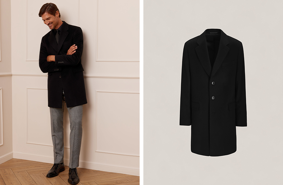 Kolaż zdjęć: mężczyzna w czarnym płaszczu Bytom i zdjęcie produktowe płaszcza.