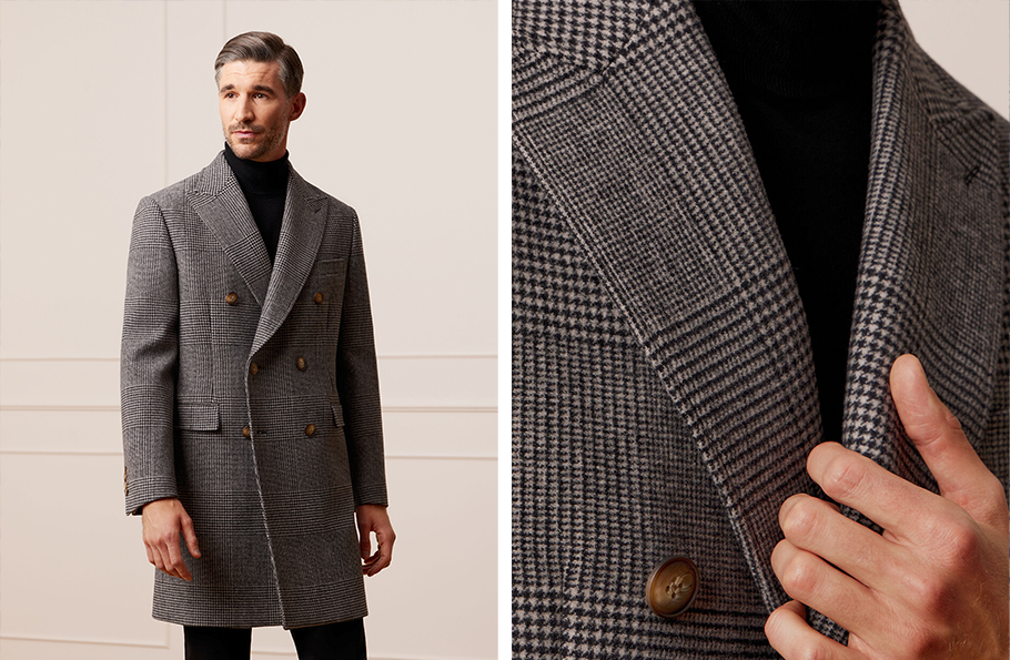 Kolaż zdjęć: mężczyzna w szarym płaszczu Bytom w kratę i zbliżenie na strukturę płaszcza.