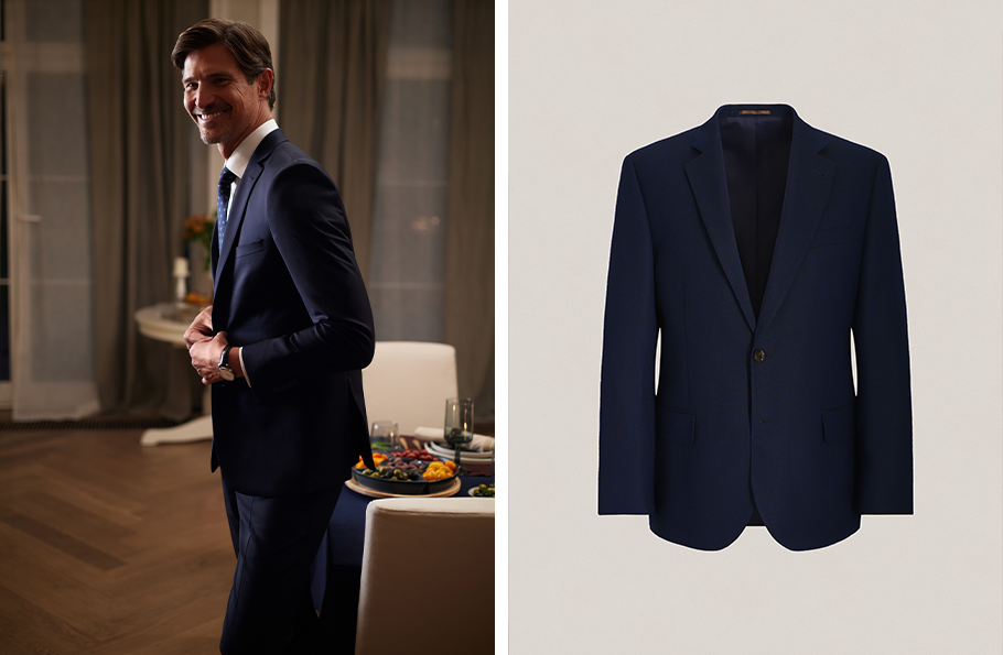 Kolaż zdjęć: elegancki mężczyzna w granatowym garniturze Bytom i zdjęcie produktowe.