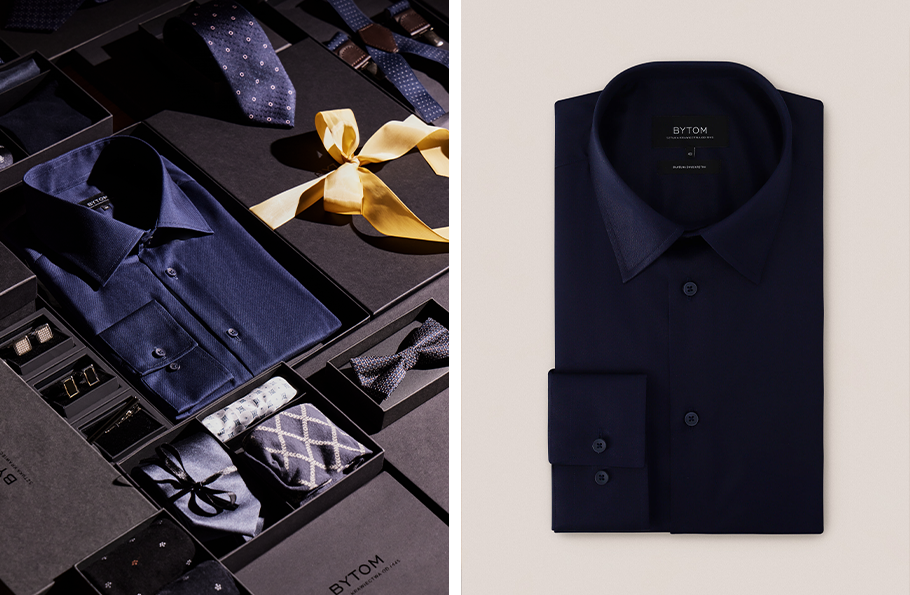 Kolaż zdjęć: świąteczny zestaw akcesoriów męskich z granatową koszulą Bytom i zdjęcie produktowe koszuli.