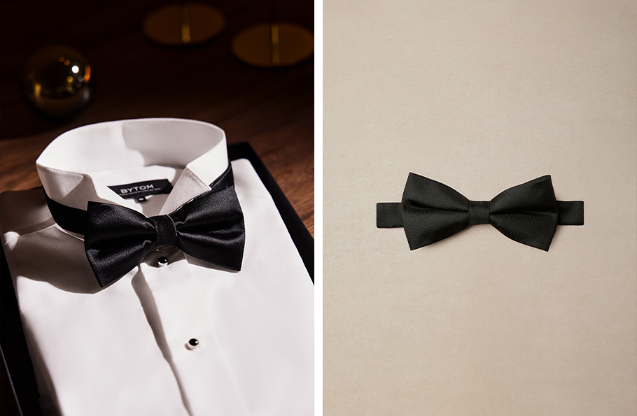 Kolaż zdjęć: jedwabna czarna mucha w zestawie z białą koszulą Bytom i zdjęcie produktowe muchy.