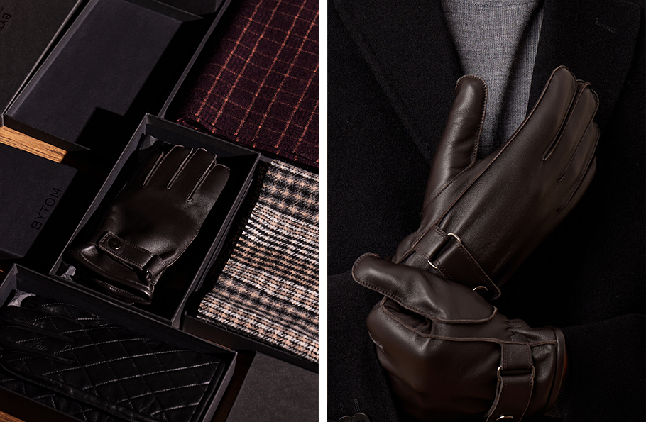 Kolaż zdjęć: świąteczny zestaw ze skórzanymi rękawiczkami Bytom i zdjęcie produktowe rękawiczek.