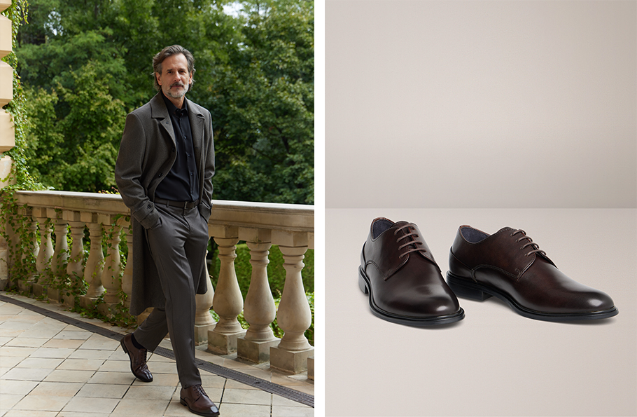 Kolaż zdjęć: mężczyzna w płaszczu Bytom i eleganckich brązowych butach.