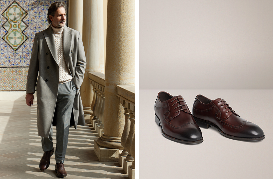 Kolaż zdjęć: mężczyzna w płaszczu Bytom i eleganckich brązowych butach.