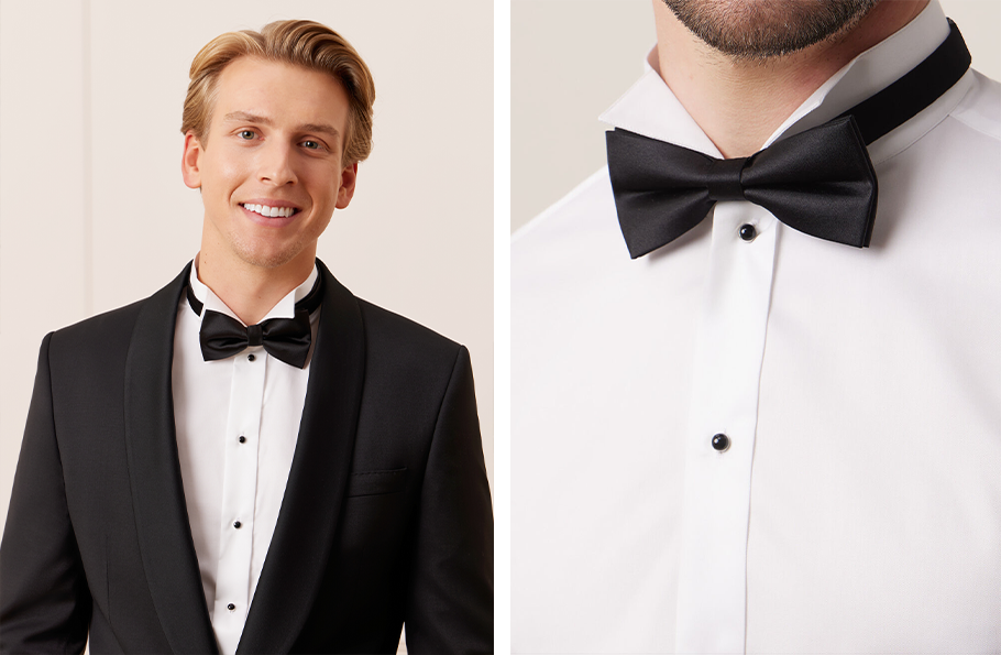 Kolaż zdjęć: biała koszula ze smokingowym kołnierzem Bytom.