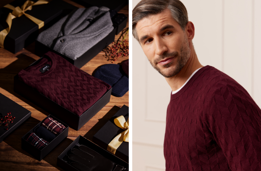 Mężczyzna w bordowym swetrze