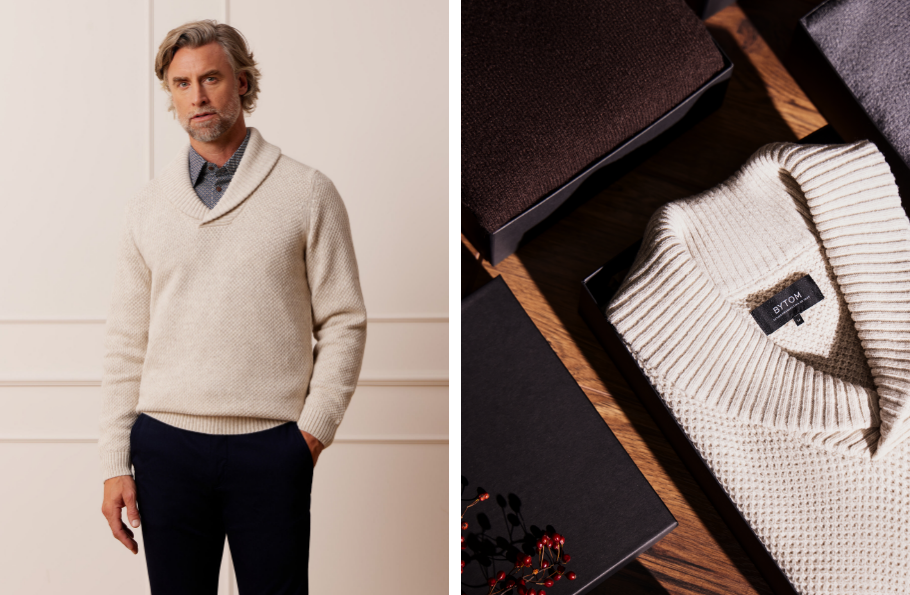 Mężczyzna w beżowym swetrze