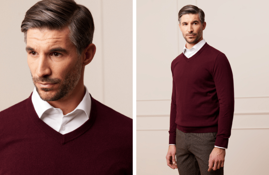 Mężczyzna w bordowym swetrze Bytom w serek.